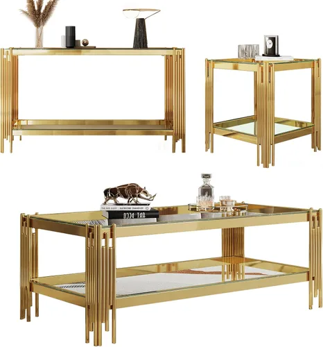 Vista 19 de SSLine Mesa de centro de cristal negro con marco de acero inoxidable dorado, mesa de centro rectangular de lujo de 2 niveles para sala de estar Café