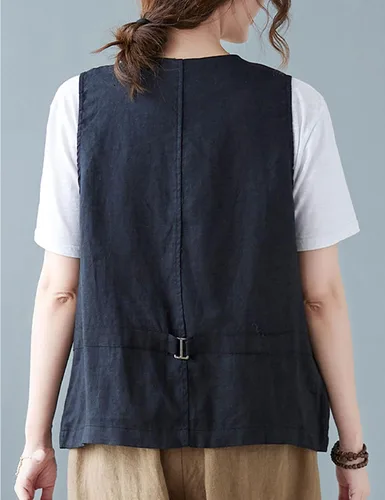Vista 5 de Bozanly Chaleco sin mangas con botones para mujer, estilo casual, cuello en V, de lino y algodón, con bolsillos