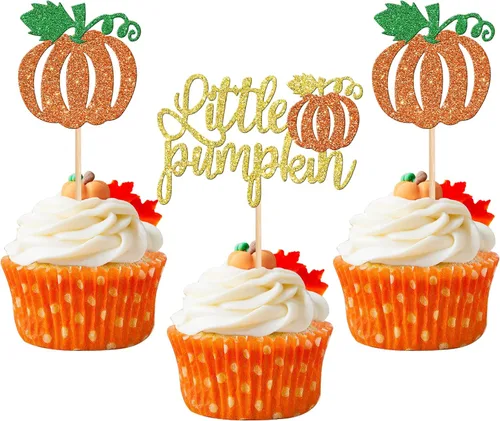 Vista 16 de 24 piezas de decoración de calabaza para cupcakes con purpurina temática de otoño, decoración de pasteles con temática de calabaza, cumpleaños