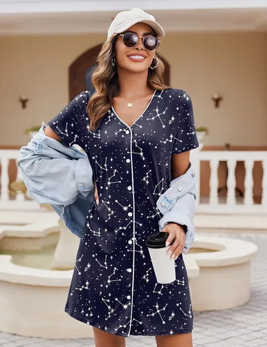 Vista 2 de Ekouaer Camisón de manga corta con botones para mujer, camisón suave con cuello en V