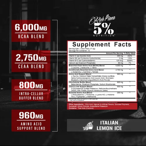 Vista 2 de 5% Nutrition Rich Piana AllDayYouMay BCAA Powder 9g de aminoácidos premium intra y post entrenamiento para hidratación, resistencia, recuperación