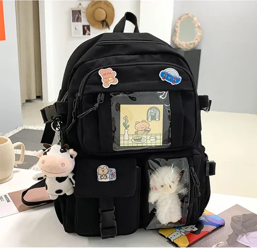 Vista 2 de Linda mochila con bonito oso de peluche y bonitos accesorios de alfiler estético de gran capacidad bonita bolsa de libros para niñas y adolescentes