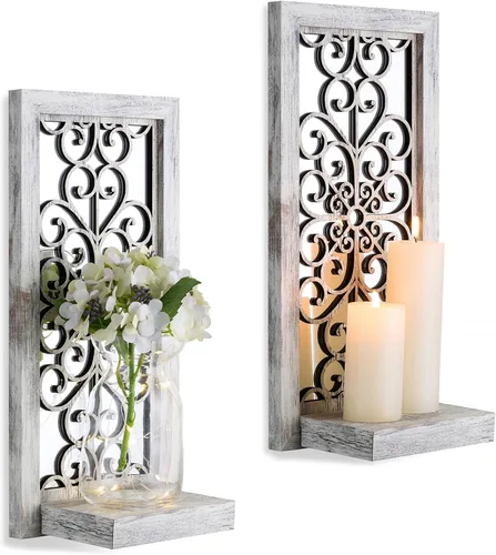 Vista 8 de Juego de 2 candelabros de pared con diseño de desplazamiento Portavelas de pared envejecida de madera tallada, sostiene velas de pilar o jarrones