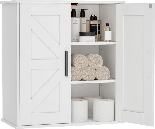 Vista 14 de Homleke Armario de pared para baño, armario de almacenamiento sobre inodoro con puertas de granero y estantes ajustables, botiquín de 3 niveles