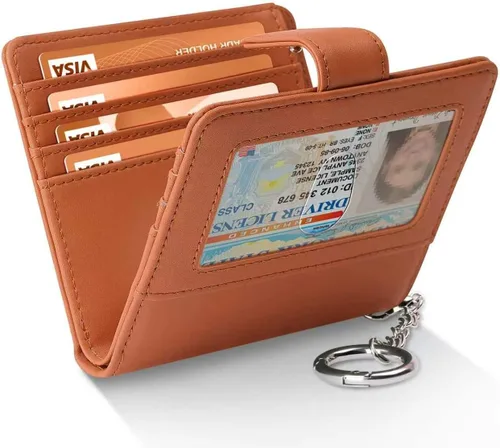 Vista 17 de FurArt Cartera plegable para mujer con 9 ranuras, bloqueo RFID, ventana de identificación, cartera compacta con llavero