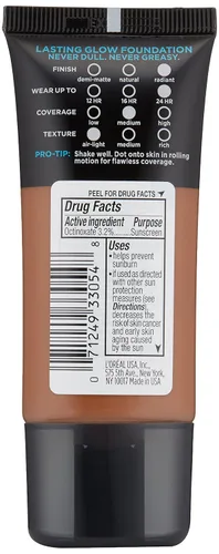 Vista 2 de L'Oreal Paris Maquillaje Infallible Pro-Glow hasta 24 horas de base, cacao, 1 onza líquida.