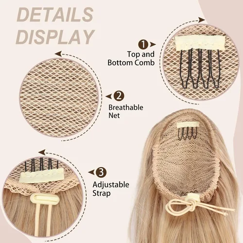 Vista 6 de Extensión de cola de caballo de cabello lacio, mezcla de extensiones de cola de caballo con cordón, rubias para mujer, múltiples capas, sintético