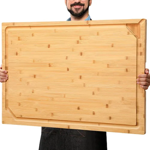 Vista 13 de HIWARE Juego de 4 Piezas de Tablas de Cortar Extra Grandes de Madera - Tablas de Cortar de Bambú para Preparación de Comidas y Servicio