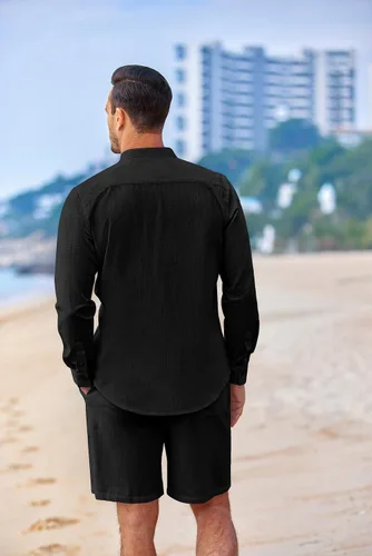 Vista 3 de COOFANDY Conjuntos de lino para hombre, 2 piezas, camisa de manga larga y pantalones cortos casuales con cordón en la cintura, trajes de verano