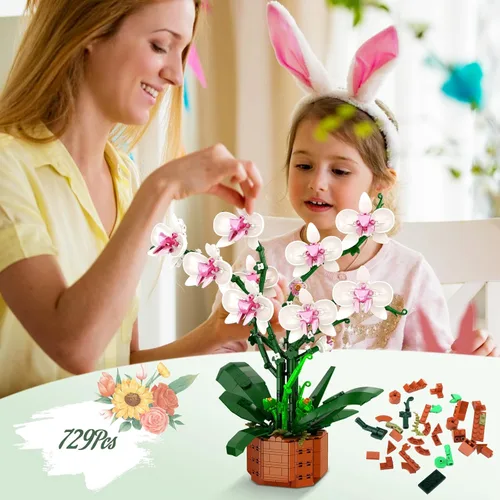 Vista 7 de Bilinott Juego de Bloques de Construcción de Flores de Orquídea, Conjunto de Construcción de Flores Artificiales de Interior para Hogar, Cocina