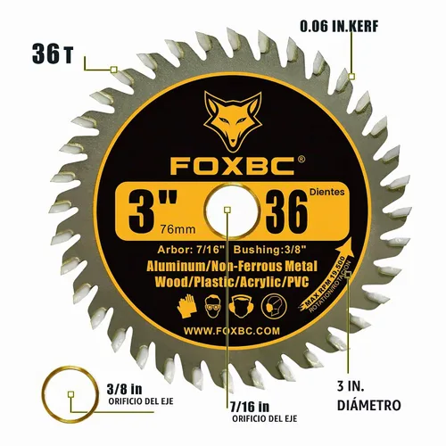 Vista 2 de FOXBC Hoja de sierra circular de carburo de 3 pulgadas, 36 dientes para madera, plástico, PVC, acrílico, aluminio con eje de 7/16", buje de 3/8