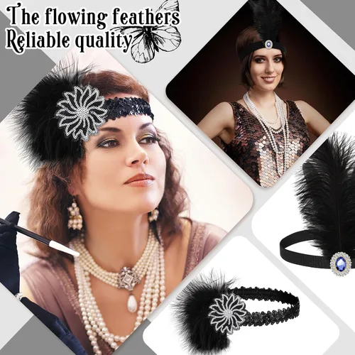 Vista 6 de Ceenna 24 piezas de 1920 diadema de plumas negras para mujer, accesorio de disfraz de pelo de los años 20