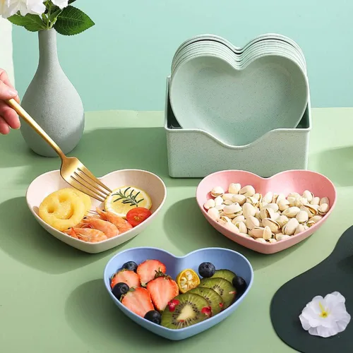 Vista 9 de Juego de 10 platos llanos en forma de corazón, platos de 6 pulgadas, bandeja para frutas, aperitivos, sin BPA (beige)
