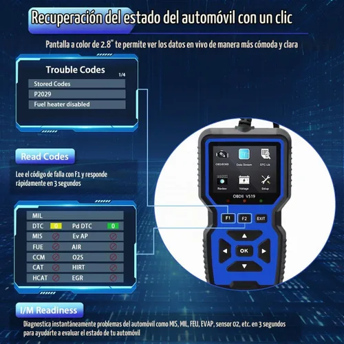 Vista 8 de Herramienta de Diagnóstico Escáner OBD2 - Lector de Códigos de Luz del Motor, Función de Restablecimiento, Flujo de Datos, Preparación I/M, Azul