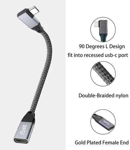 Vista 3 de Cable de extensión USB C de 90 grados, 6.6 pies de largo, adaptador de ángulo recto tipo C hembra macho, Awnuwuy USB 3.1 Gen 2 cable extensor