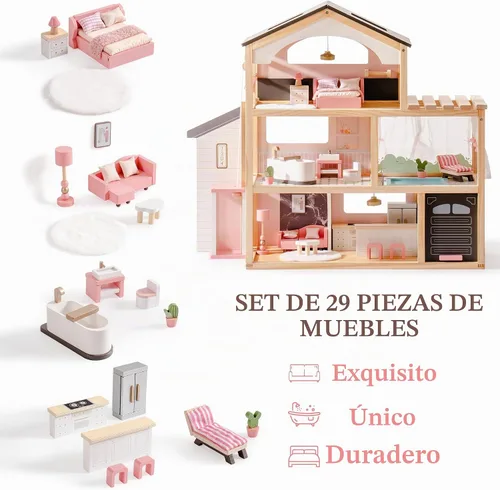 Vista 4 de ROBOTIME Casa de muñecas de madera, casa de muñecas con juego de muebles de 29 piezas, piscina y ascensor, casa de muñecas de madera para muñecas