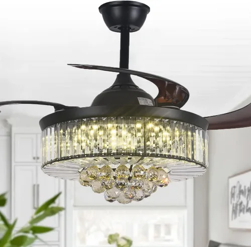 Vista 5 de BIGBANBAN - Ventilador de techo de 42 pulgadas con luz, ventilador de techo retráctil de cristal LED para dormitorio, sala de estar, comedor