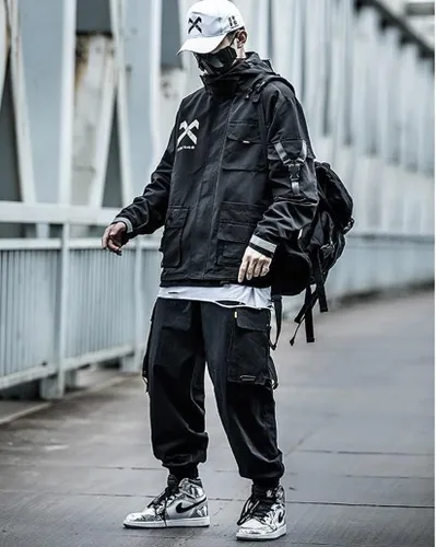 Vista 5 de Ropa de calle táctica para hombre, ropa gótica Alt Emo Techwear, chaquetas con capucha rompevientos Cool Cyberpunk Harajuku