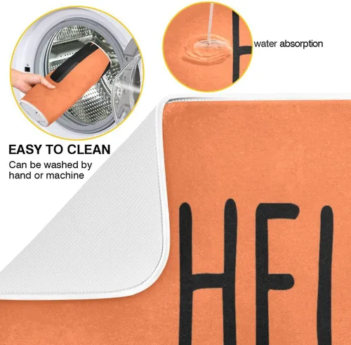 Vista 2 de Tapete de secado de platos naranja Hello Pumpkin para cocina, otoño, cosecha, tapete de secado de microfibra, absorbente y reversible, tapete grande