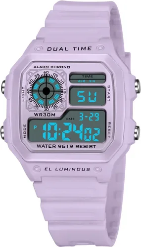 Vista 2 de PASOY Reloj de pulsera digital multifunción para hombre, con hora doble, alarma, cronómetro, cuenta regresiva, retroiluminación, resistente al agua
