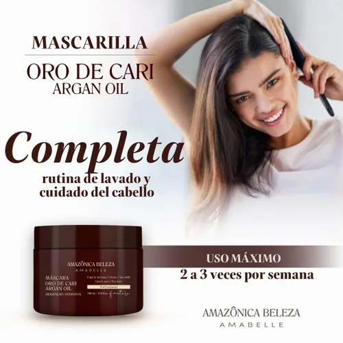 Vista 3 de AMAZONICA BELEZA Oro de Cari - Mascarilla para el cabello, hidratación intensiva para cabello seco con aceite de argán y vitamina E, línea