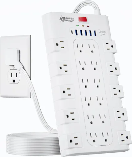Vista 8 de Regleta de alimentación, SUPERDANNY - Protector contra sobretensiones con 22 tomas de corriente AC y 6 puertos de carga USB, 1875 W/15 A, 2100