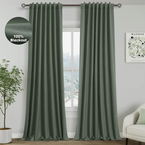 Vista 54 de Nanspring Cortinas de lino 100% opacas para dormitorio, 96 pulgadas de largo, con pestaña trasera, bolsillo para barra, aislamiento térmico, cortina