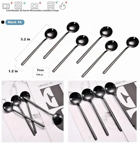 Vista 2 de 6 cucharas de café negras, cucharas de café espresso de acero inoxidable 18/8, mini cuchara de té Vogue de 5.2 pulgadas, cuchara pequeña agitadora