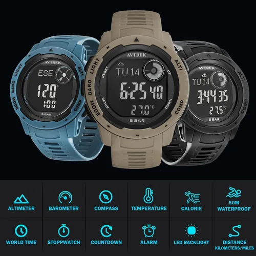 Vista 2 de Reloj táctico para hombre con brújula, podómetro digital impermeable 50M, altímetro para senderismo al aire libre y escalada (negro)