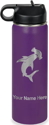 Vista 42 de LaserGram Botella de agua personalizada, tiburón martillo, acero inoxidable de doble pared aislada al vacío con popote superior, regalo grabado
