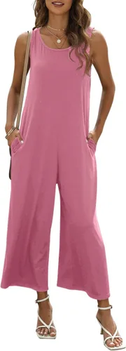 Vista 4 de Overol de verano para mujer, casual, holgado, pantalones largos, cuello redondo, sin mangas, con bolsillos