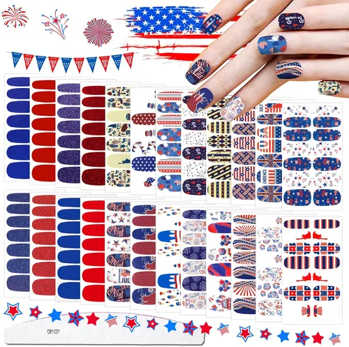 Vista 7 de 336 piezas de 24 hojas de 4 de julio, Día de la Independencia, tiras de esmalte de uñas patrióticas, tiras de uñas autoadhesivas para el Día