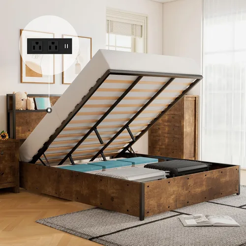Vista 10 de Cama de Almacenamiento Elevable Tamaño Full, Marco de Cama Plataforma de Madera con Cabecera de Almacenamiento y Estación de Carga, No Necesita Negro