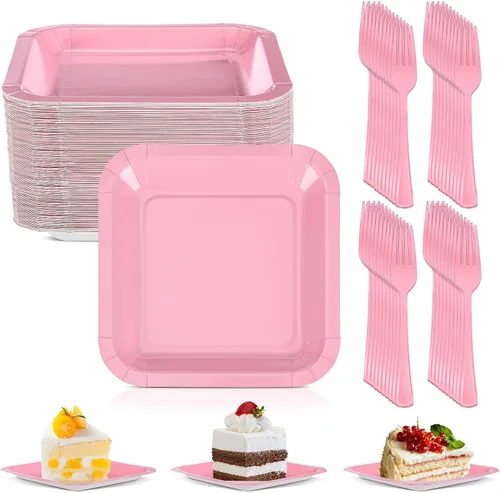 Vista 7 de Dandat 100 platos pequeños de papel negro de 7 pulgadas, platos cuadrados desechables para tartas con tenedores de postre de plástico, vajilla