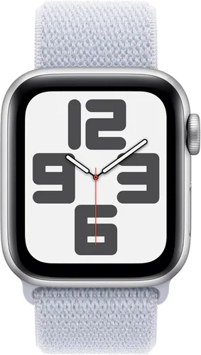 Vista 2 de Apple Watch SE (2.ª generación) [GPS 1.575 in] Smartwatch con caja de aluminio plateado con bucle deportivo azul invierno. Monitor de fitness