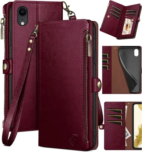 Vista 9 de XcaseBar Funda tipo cartera para iPhone XR de 6.1 pulgadas con bloqueo RFID, soporte para tarjetas de crédito con cremallera, funda de piel