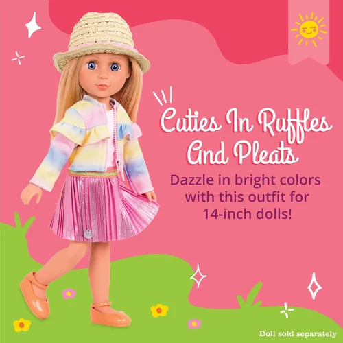 Vista 2 de Glitter Girls – Ropa para Muñeca de 14 Pulgadas – Conjunto de Volantes y Plisados para Guapas – Chaqueta Arcoíris, Falda, Sombrero y Zapatos