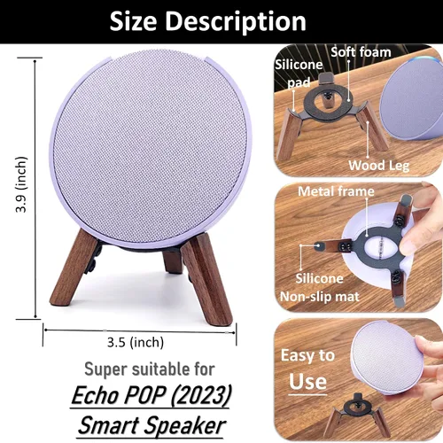 Vista 3 de Soporte de madera real para altavoz Echo Pop, soporte para accesorios de trípode, nogal