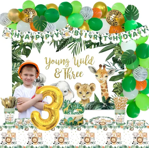 Vista 7 de Young Wild and Three Decor Boy, 251 piezas con temática de animales de safari en la selva, suministros para fiesta de tercer cumpleaños, telón