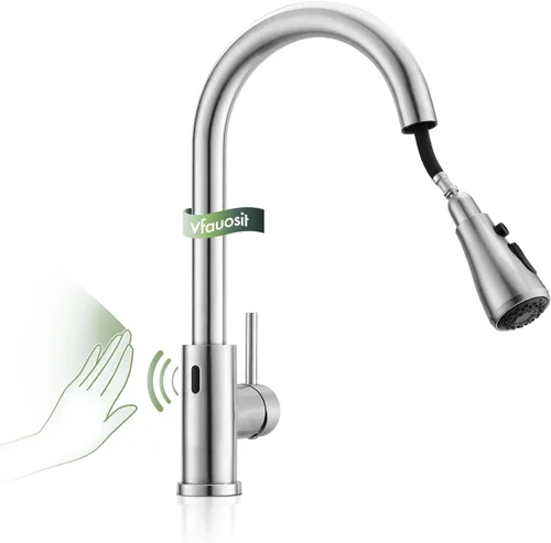 Vista 16 de VFAUOSIT - Grifo de cocina con rociador extraíble, grifo de fregadero de cocina sin plomo, níquel cepillado, acero inoxidable, arco alto, extracción