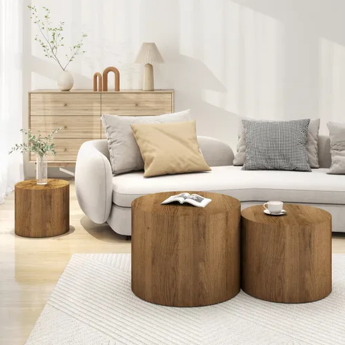 Vista 7 de Vikiullf Juego de 3 mesas de centro anidadas, mesas redondas de madera, mesa circular moderna para sala de estar, dormitorio, mesa auxiliar