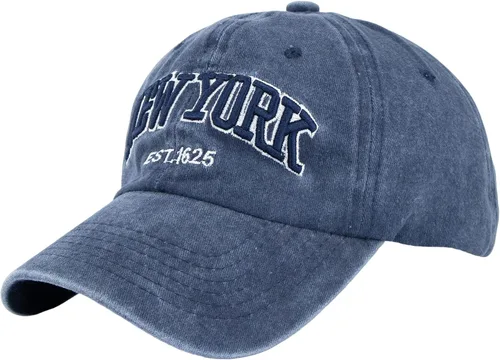 Vista 8 de Gorra de béisbol New-York con diseño desgastado, ajustable con tiras, lavada, de sarga, gorra de papá unisex Eohak Negro