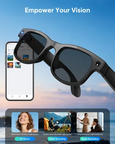 Vista 2 de CJkao Lentes inteligentes con cámara, gafas de cámara HD, grabación de video, control de asistente de voz, Bluetooth, música, gafas ai