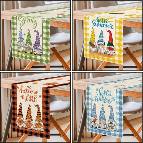 Vista 3 de 4 piezas de lindos gnomos con estampado de cuadros búfalo, camino de mesa de 72 pulgadas de largo, Hello Spring Hello Summer decoración de mesa