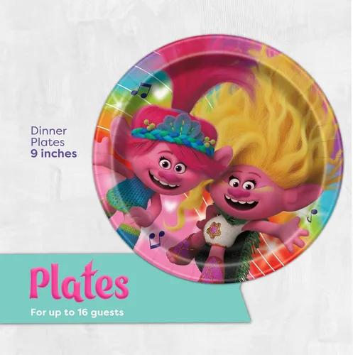 Vista 3 de Trolls - Decoraciones para fiestas de cumpleaños Sirve a 16 invitados Platos de trolls, servilletas, calcomanías