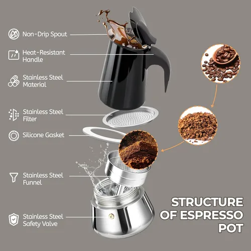 Vista 3 de 2 tazas de 3.4 fl oz Moka Pot de acero inoxidable, cafetera para estufa, cafetera italiana, estilo clásico, Greca Café, máquina de moca