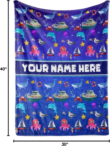Vista 6 de Manta personalizada de Living para niños Manta de forro polar de animales marinos personalizada Manta azul para niños Manta para bebé niña