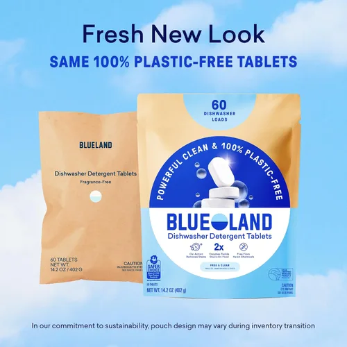 Vista 10 de BLUELAND - Tabletas de detergente para lavavajillas 100% libres de plástico, 60 unidades, libres y transparentes, ecológicas, cortan la grasa y se