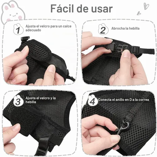 Vista 3 de PETTOM Arnés para conejos con correa elástica, lindo arnés ajustable con hebilla, chaleco de malla transpirable para gatitos y mascotas pequeñas