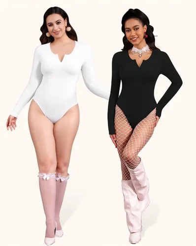 Vista 5 de MANGOPOP Body de manga larga para mujer con cuello en V recortado, leotardo para salir, ajustado